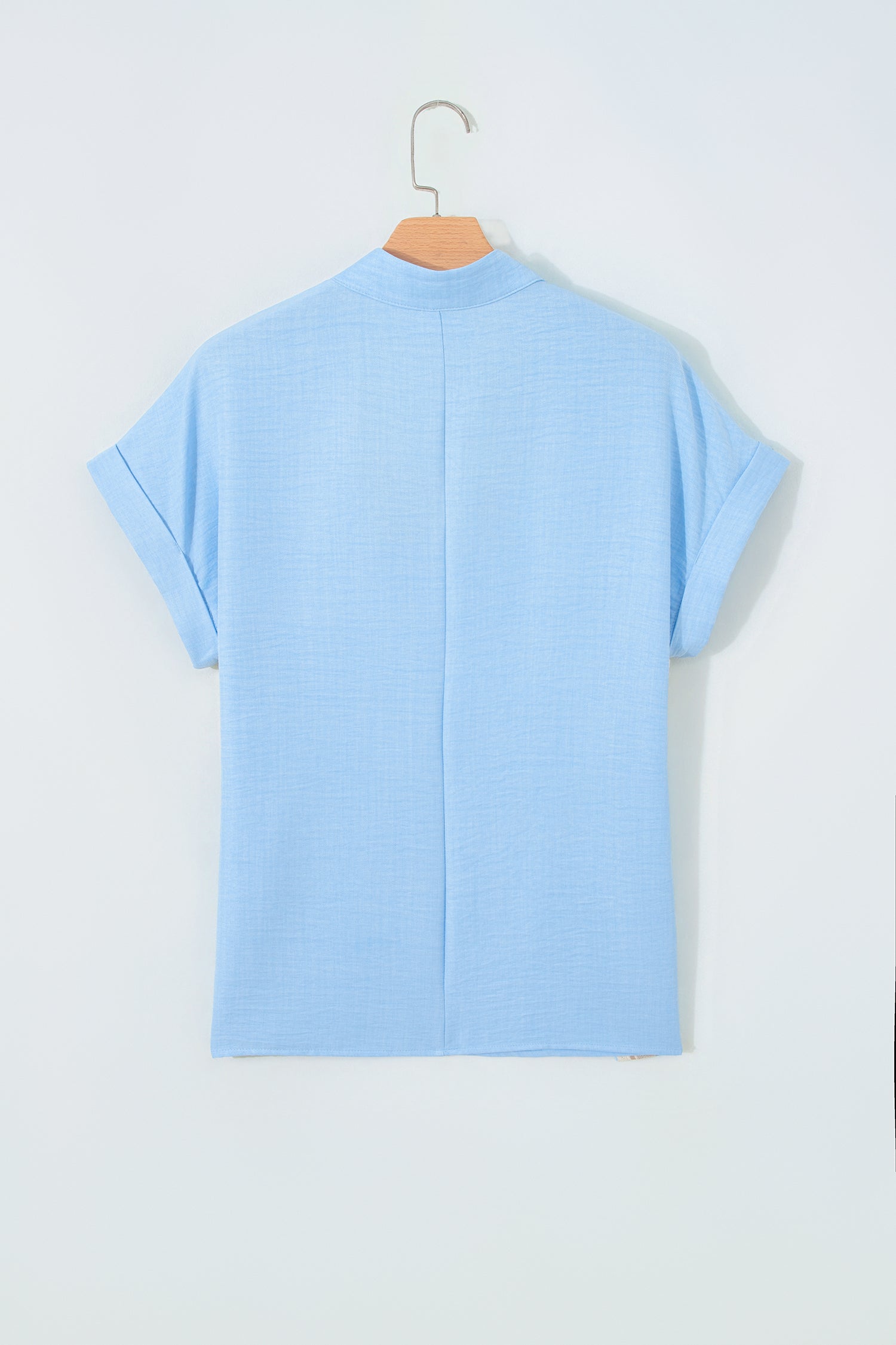 Beau Blue Crochet Lace Accent Pullover Rolled Short Sleeve Blouse-Tops/Blouses & Shirts-[Adult]-[Female]-2022 Online Blue Zone Planet