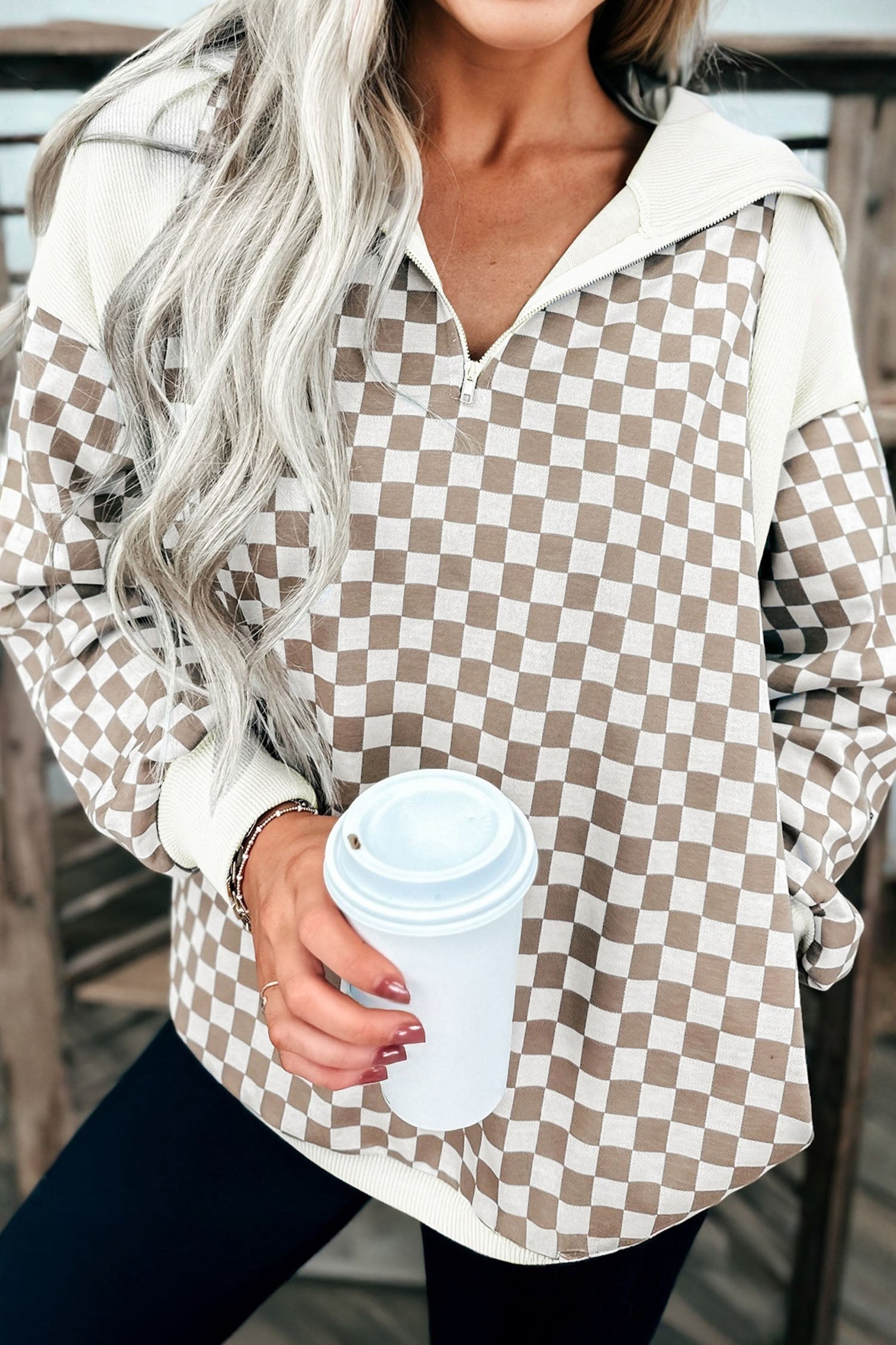 Khaki Checkered Print Quarter Zip Ribbed Patchwork Loose Sweatshirt-Tops/Sweatshirts & Hoodies-[Adult]-[Female]-2022 Online Blue Zone Planet