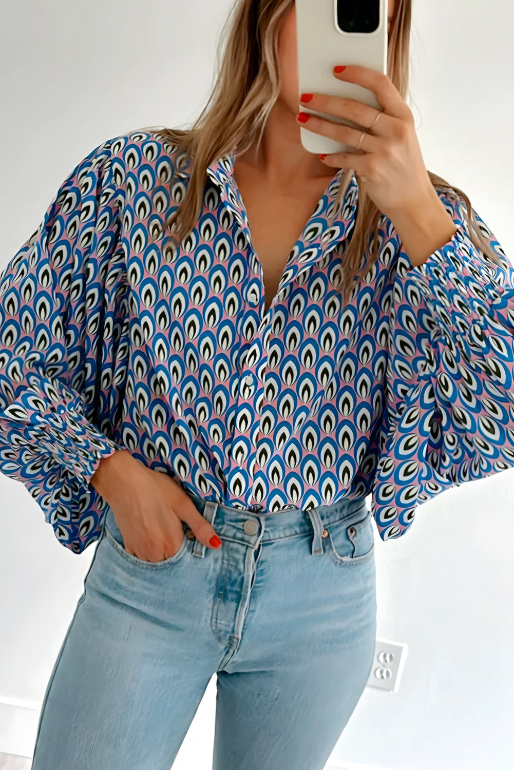 Sky Blue Abstract Print Shirred Cuff Buttoned Oversized Shirt-Tops/Blouses & Shirts-[Adult]-[Female]-2022 Online Blue Zone Planet