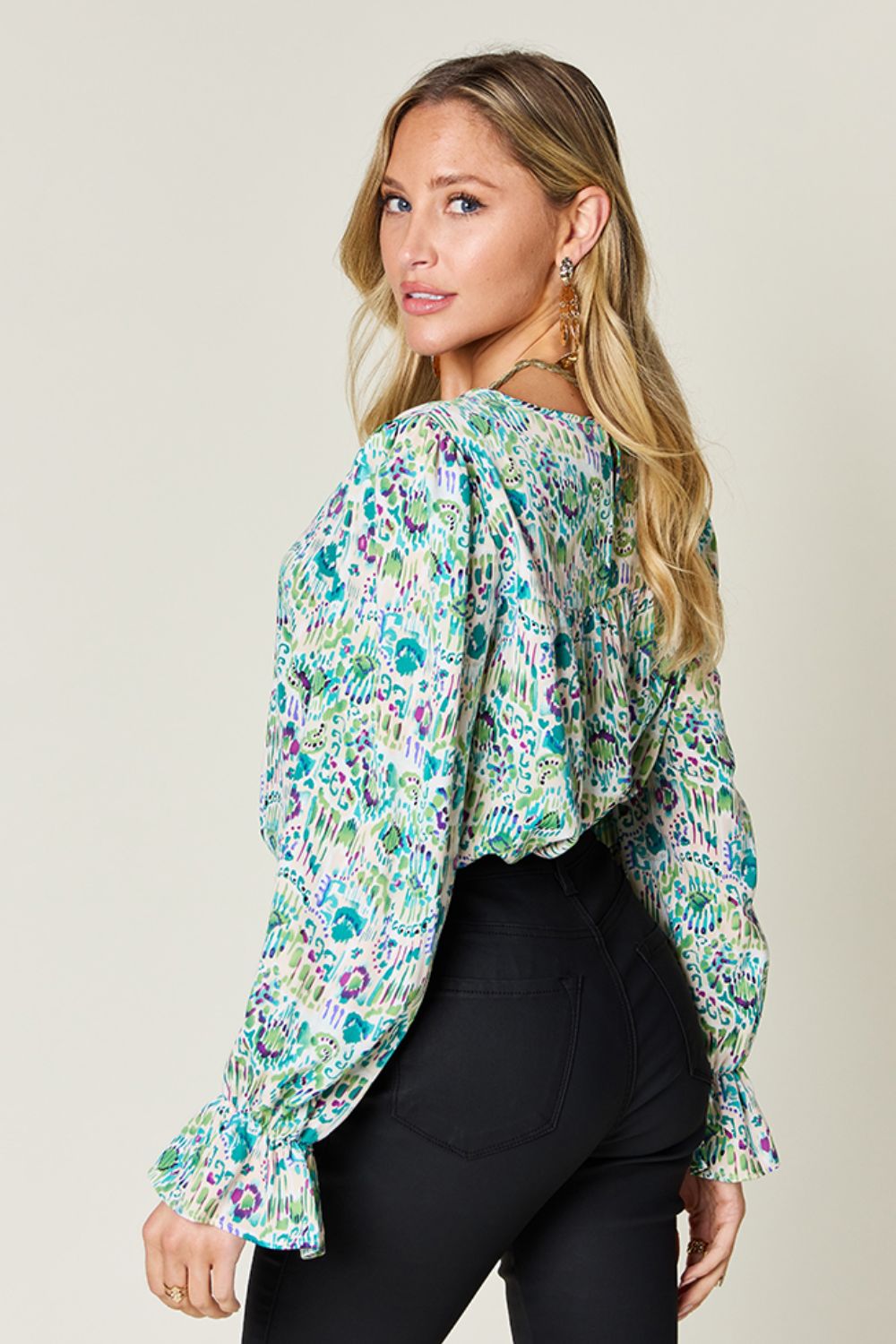 Blue Zone Planet | Double Take Full Size Printed Flounce Sleeve Blouse-TOPS / DRESSES-[Adult]-[Female]-2022 Online Blue Zone Planet