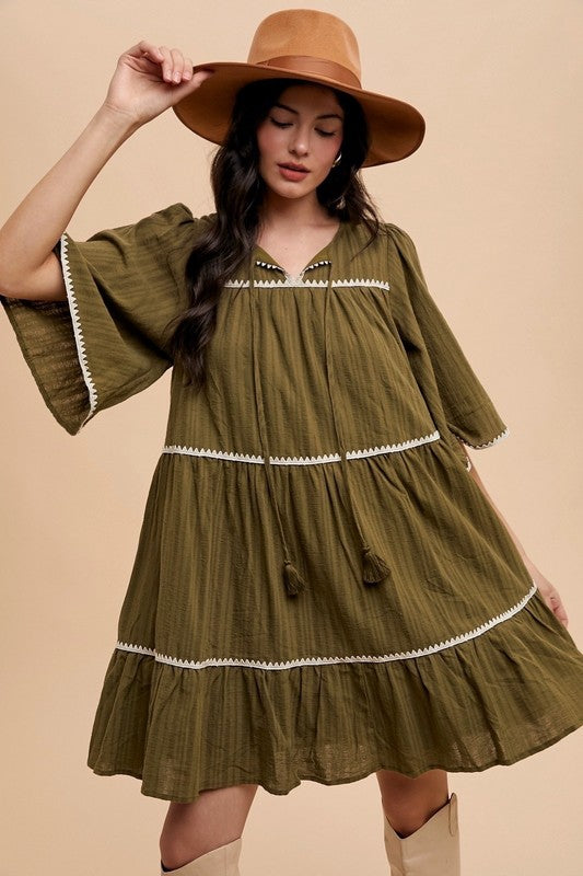 Annie Wear Tassel Contrast Trim Tie Neck Half Sleeve Tiered Dress-TOPS / DRESSES-[Adult]-[Female]-2022 Online Blue Zone Planet