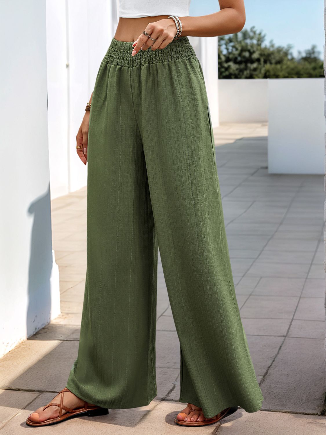 Blue Zone Planet | Perfee Smocked Wide Leg Pants-BOTTOM SIZES SMALL MEDIUM LARGE-[Adult]-[Female]-2022 Online Blue Zone Planet