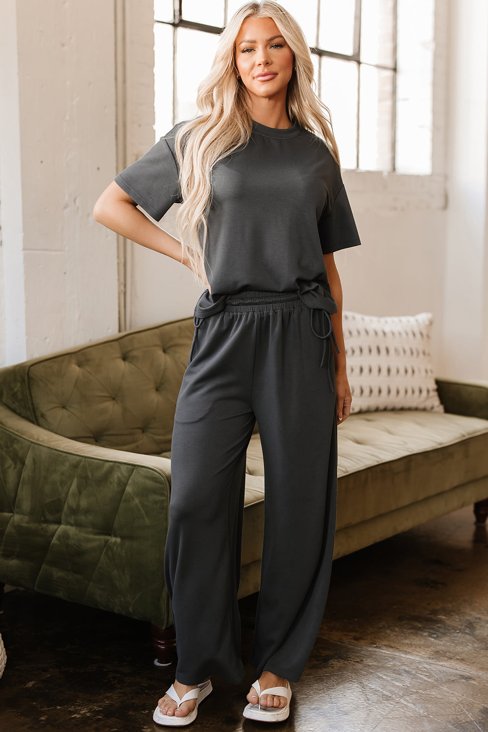 Dark Grey Drawstring Side Crewneck Tee and Loose Pants Set-Two Piece Sets/Pant Sets-[Adult]-[Female]-2022 Online Blue Zone Planet