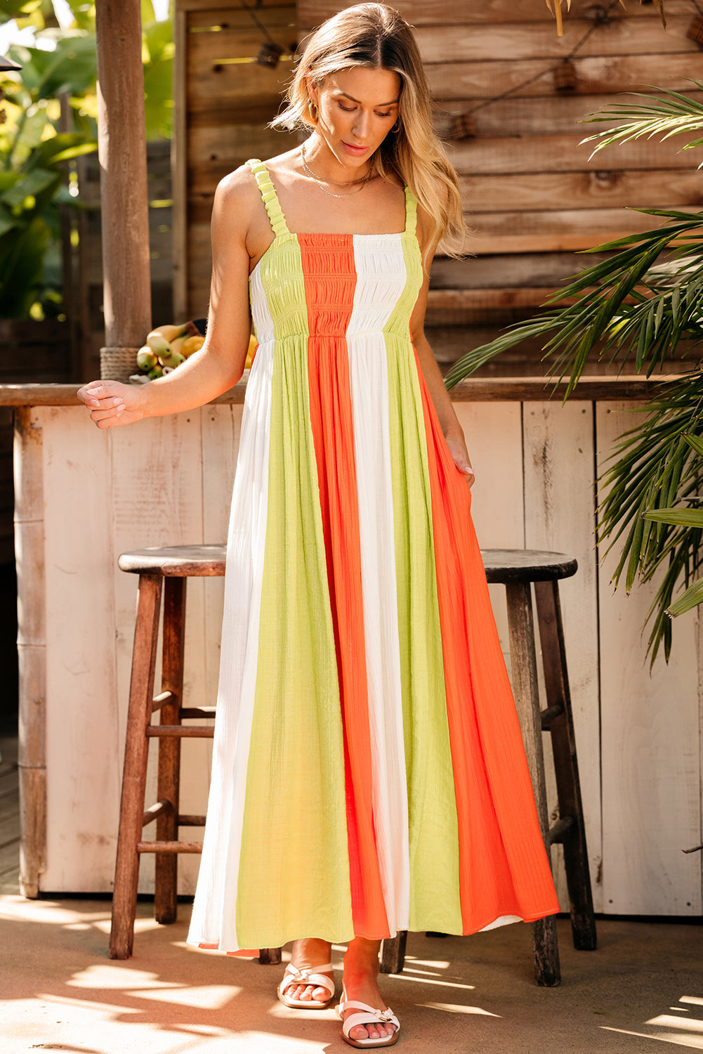 Green Color Block Shirred High Waist Fit and Flare Maxi Dress-Dresses/Maxi Dresses-[Adult]-[Female]-2022 Online Blue Zone Planet