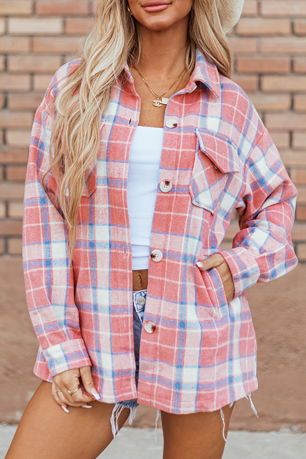 Plaid Button Up Long Sleeve Shacket-TOPS / DRESSES-[Adult]-[Female]-Plaid-S-2022 Online Blue Zone Planet