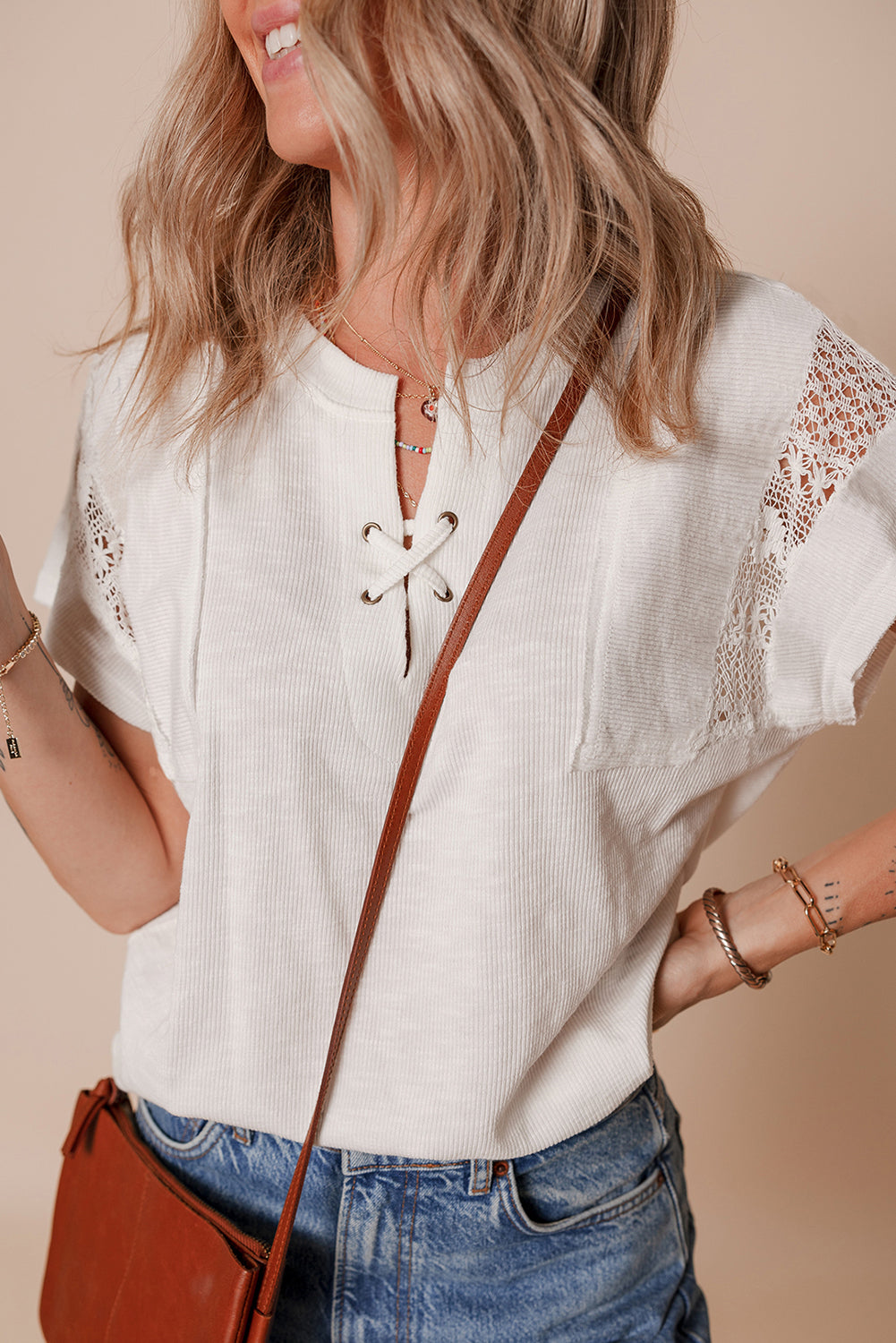 White Ribbed Texture Lace Patchwork Short Sleeve Top-Tops/Tops & Tees-[Adult]-[Female]-2022 Online Blue Zone Planet