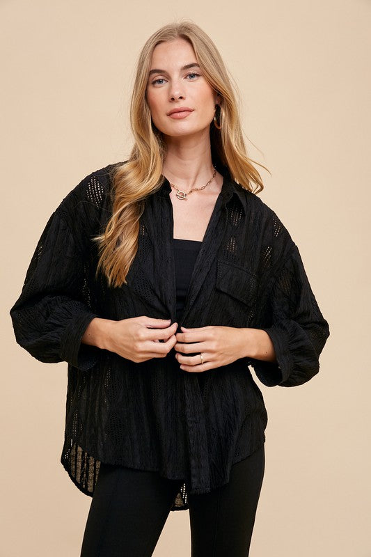 Annie Wear Openwork Button Down Drop Shoulder Shirt-TOPS / DRESSES-[Adult]-[Female]-2022 Online Blue Zone Planet