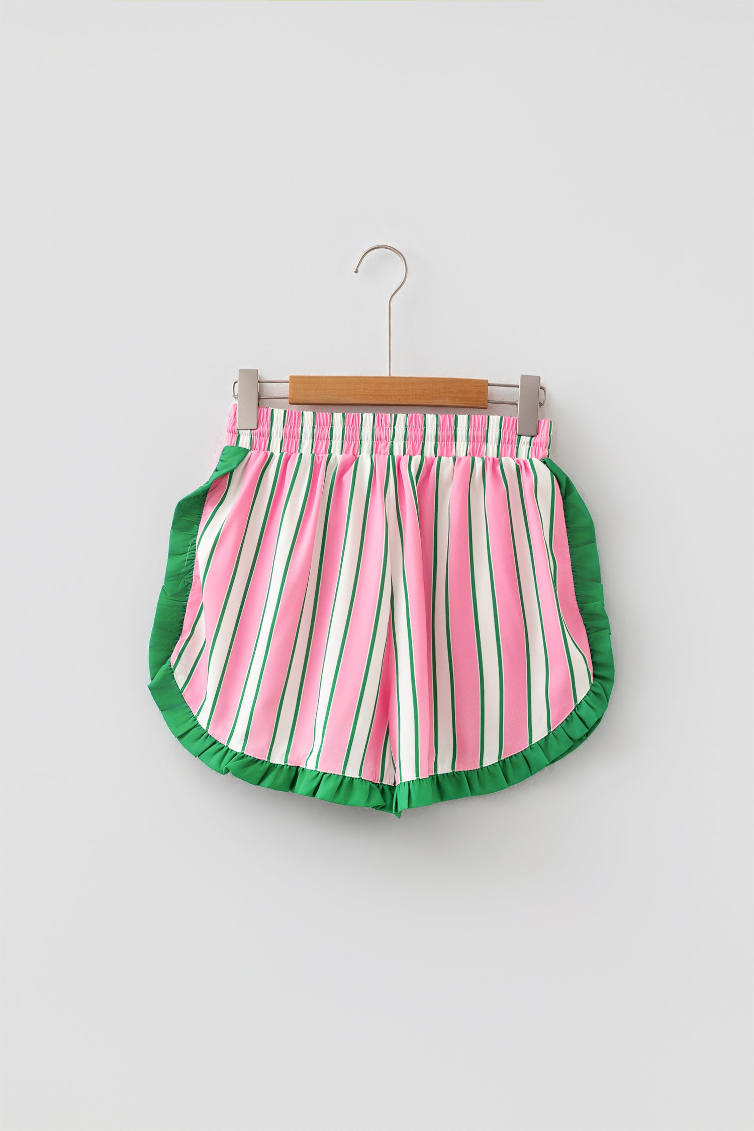 Pink Stripe Contrast Ruffle Trim Shorts-Bottoms/Casual Shorts-[Adult]-[Female]-2022 Online Blue Zone Planet