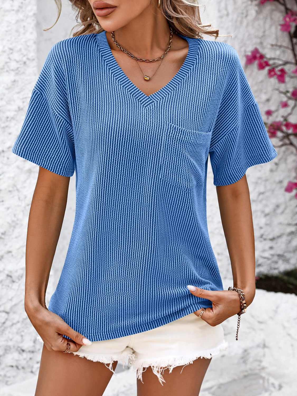 Blue Zone Planet | Mandy V-Neck Dropped Shoulder T-Shirt-TOPS / DRESSES-[Adult]-[Female]-2022 Online Blue Zone Planet