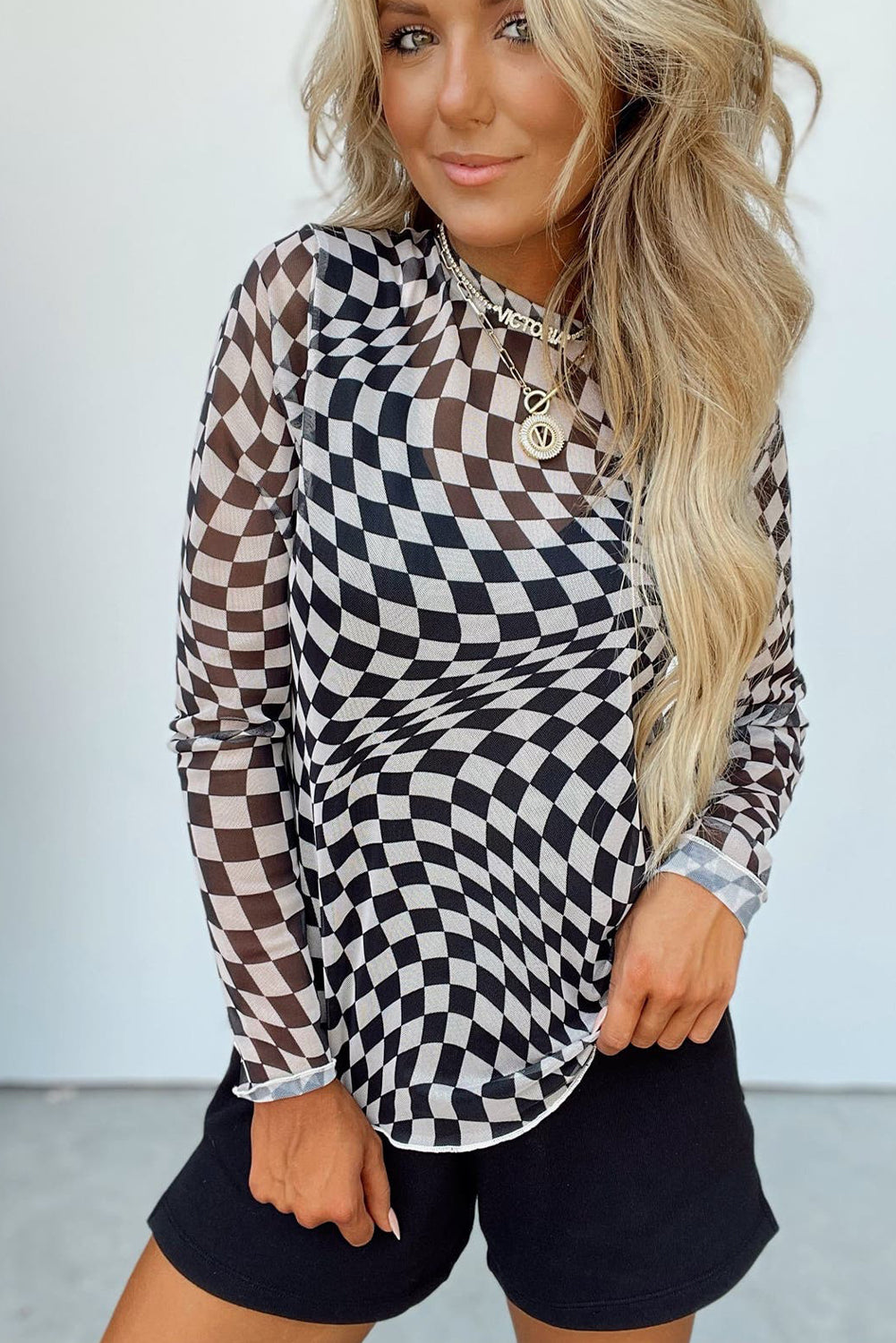 Rose Checkered Pattern Mesh Mock Neck Long Sleeve Top-Tops/Long Sleeve Tops-[Adult]-[Female]-2022 Online Blue Zone Planet