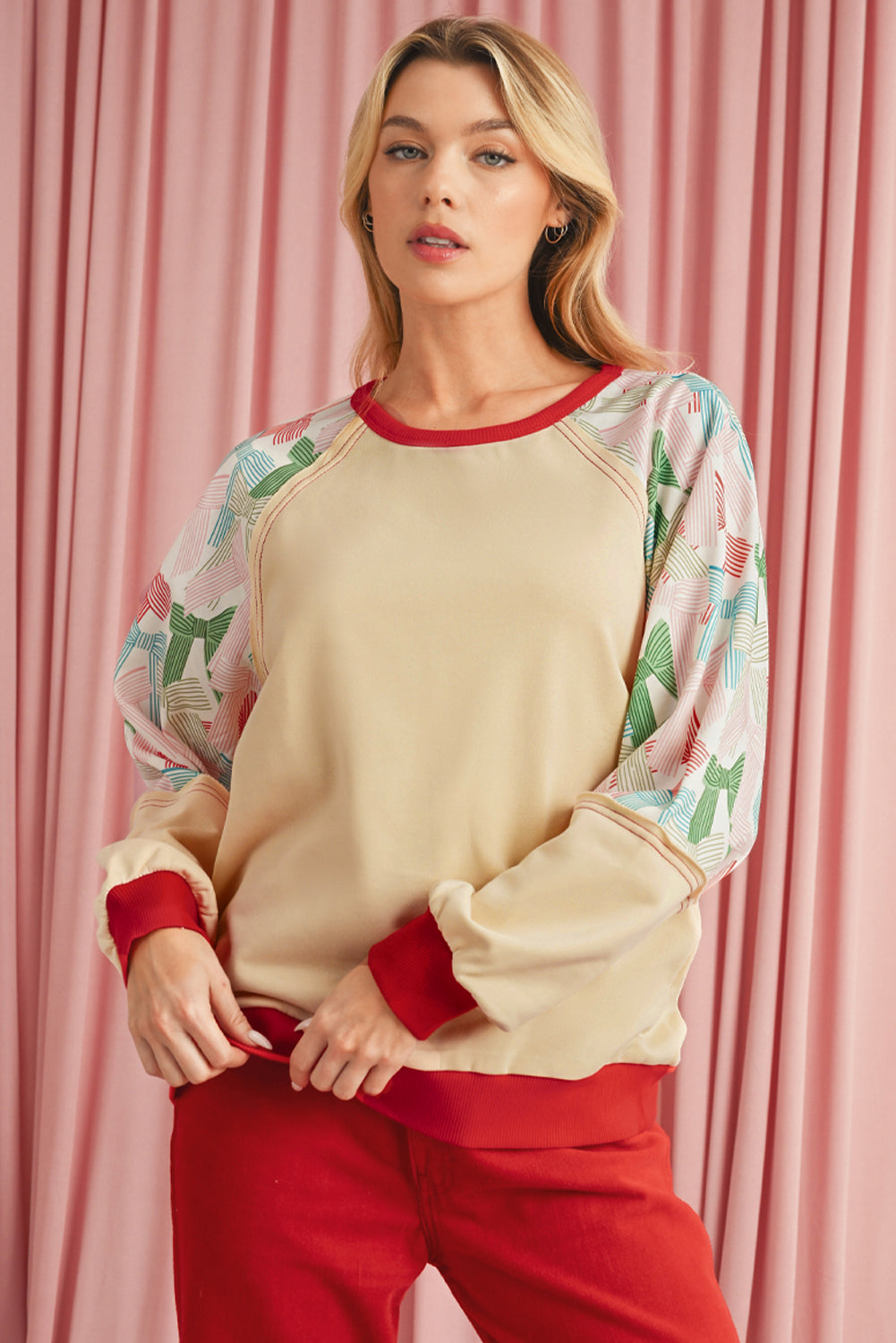 Blue Zone Planet | Beige Bowknot Print Patchwork Raglan Sleeve Top-Long Sleeve Tops-[Adult]-[Female]-2022 Online Blue Zone Planet