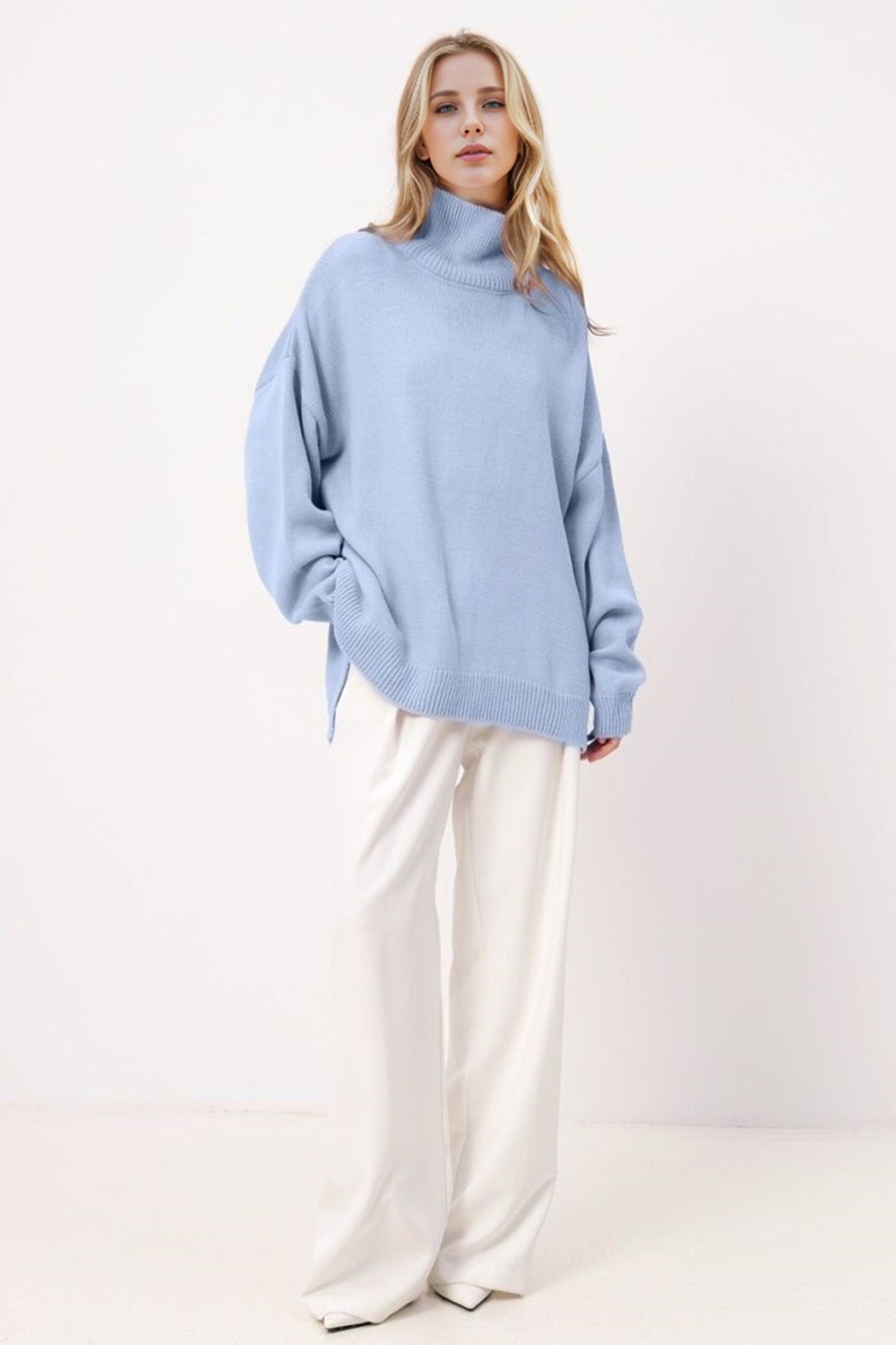 Basic Bae Side Slit Turtleneck Long Sleeve Sweater-TOPS / DRESSES-[Adult]-[Female]-2022 Online Blue Zone Planet