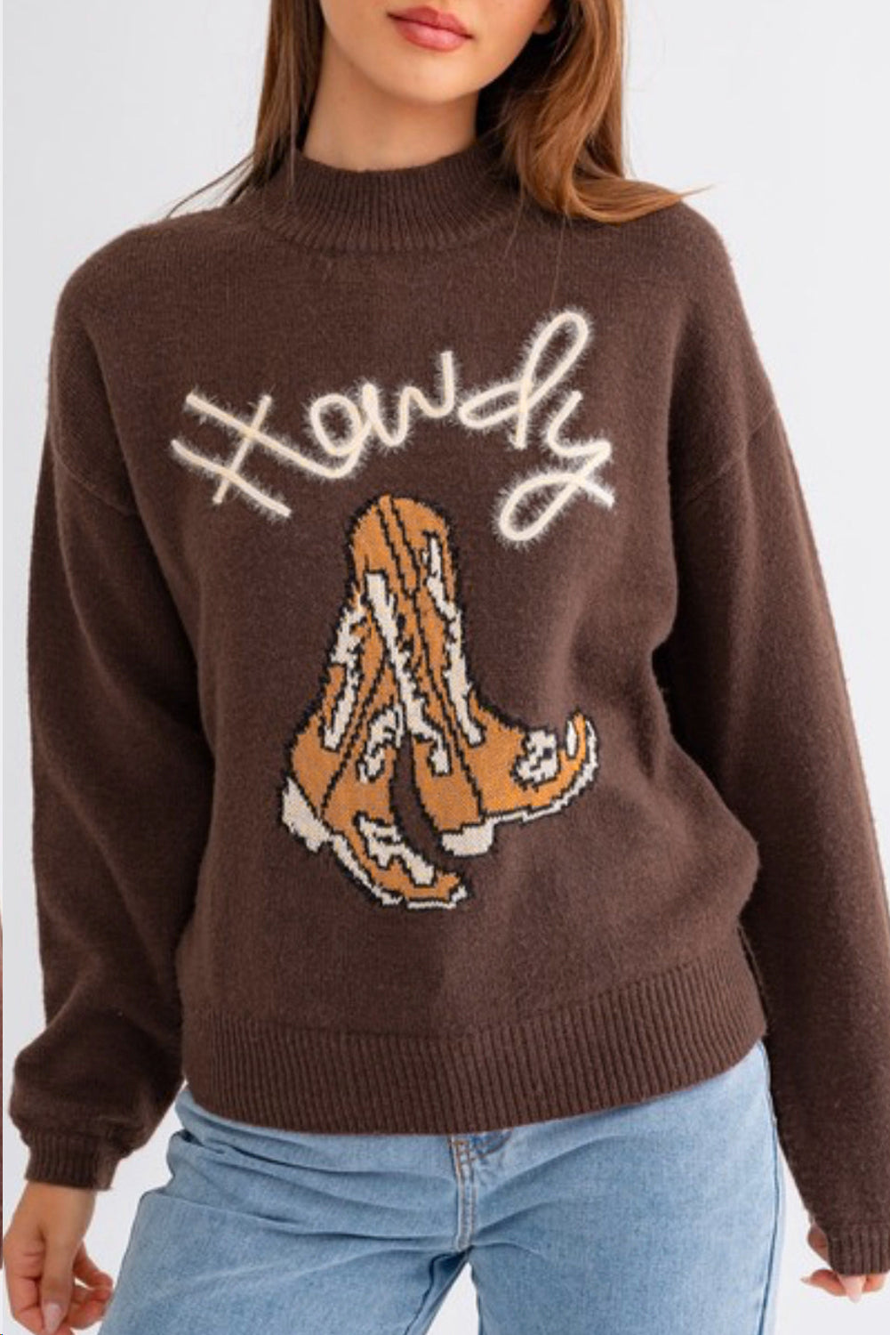 Blue Zone Planet | Coffee Western Howdy Boot Graphic High Neck Sweater-Sweaters & Cardigans/Sweaters-[Adult]-[Female]-2022 Online Blue Zone Planet