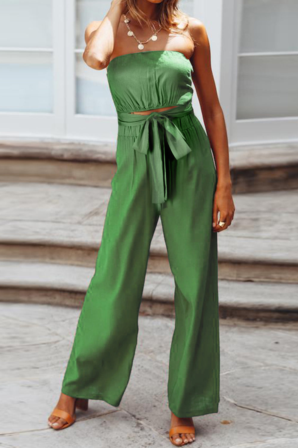 Tied Cutout Tube Wide Leg Jumpsuit-[Adult]-[Female]-Green-S-2022 Online Blue Zone Planet