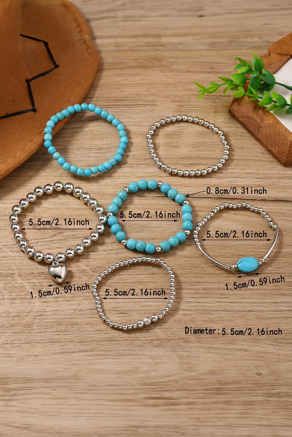 Silvery Heart Pendant Turquoise Beaded Bracelet Set