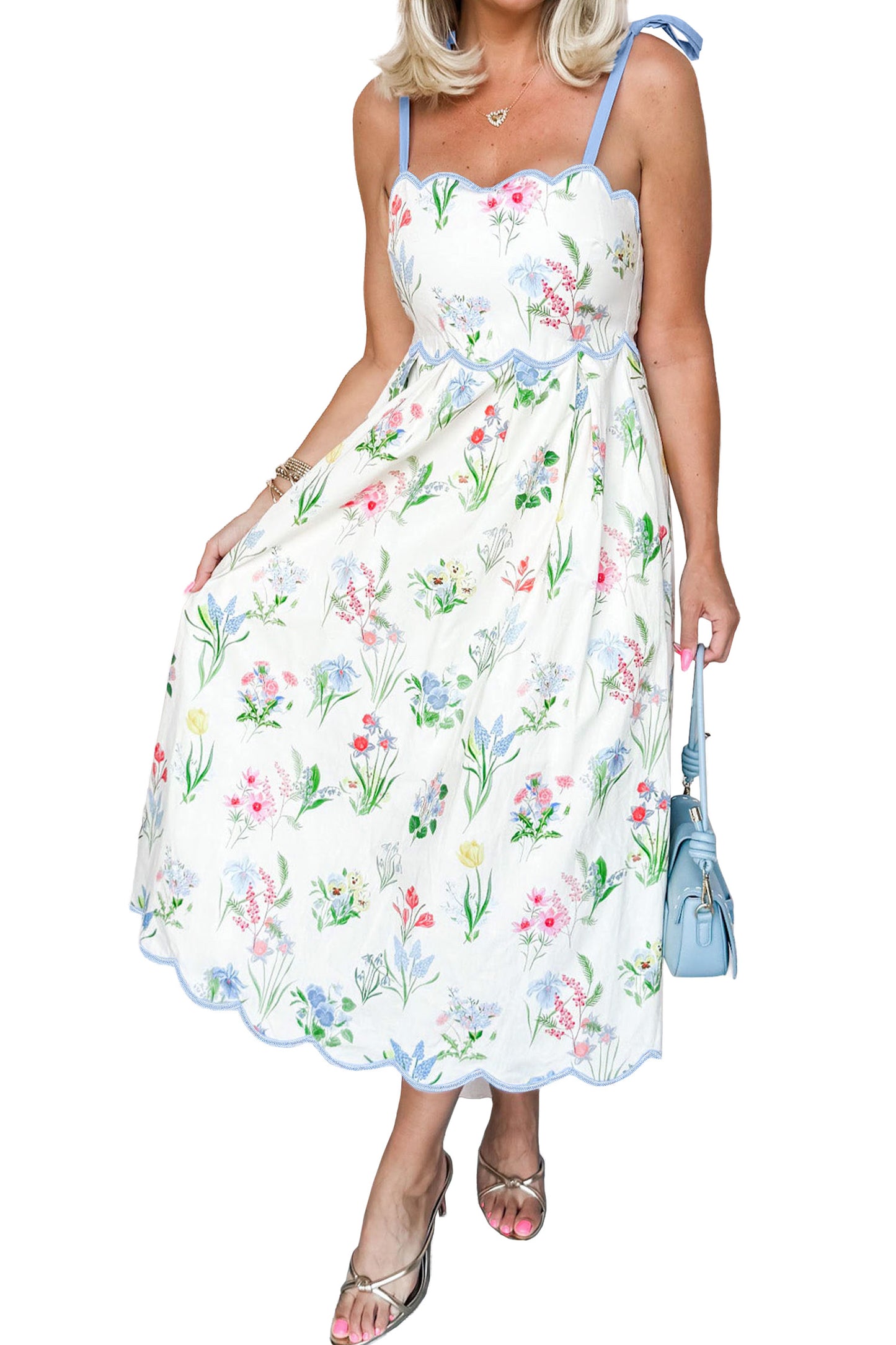 Beige Floral Print Contrast Trim Self-tie Straps High Waist Midi Dress-TOPS / DRESSES-[Adult]-[Female]-2022 Online Blue Zone Planet