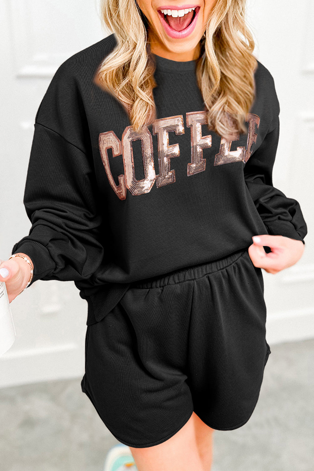 Black Sequined COFFEE Loose Fit Sweatshirt and Shorts Set-Two Piece Sets/Short Sets-[Adult]-[Female]-Black-S-2022 Online Blue Zone Planet