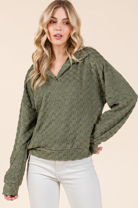 Blue Zone Planet | BOMBOM Fuzzy Checkered Collared Neck Sweatshirt with Side Pockets-TOPS / DRESSES-[Adult]-[Female]-Moss-S-2022 Online Blue Zone Planet