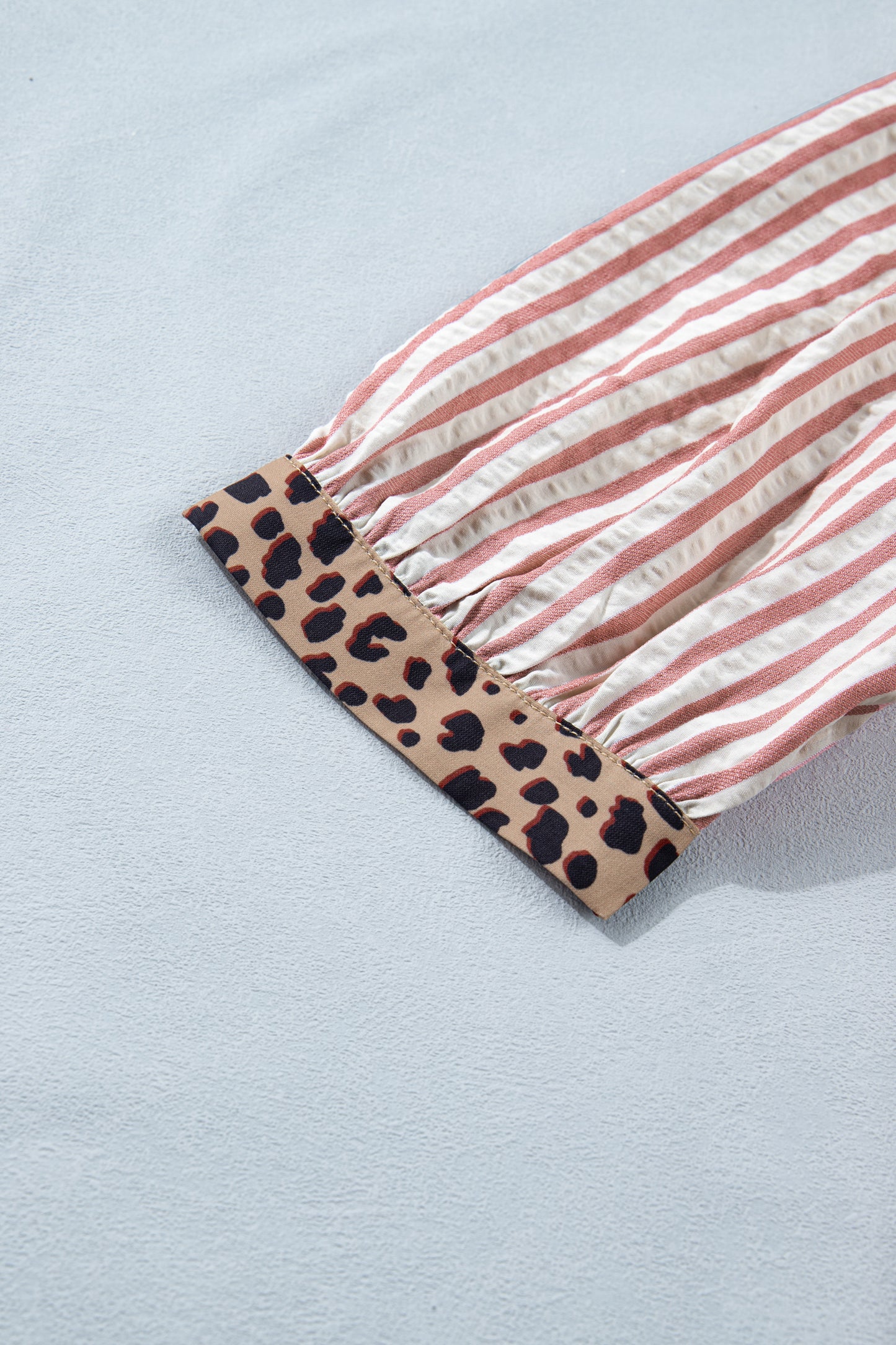 Pink Stripe Leopard Trim V Neck Button Down Half Sleeve Shirt-Tops/Blouses & Shirts-[Adult]-[Female]-2022 Online Blue Zone Planet