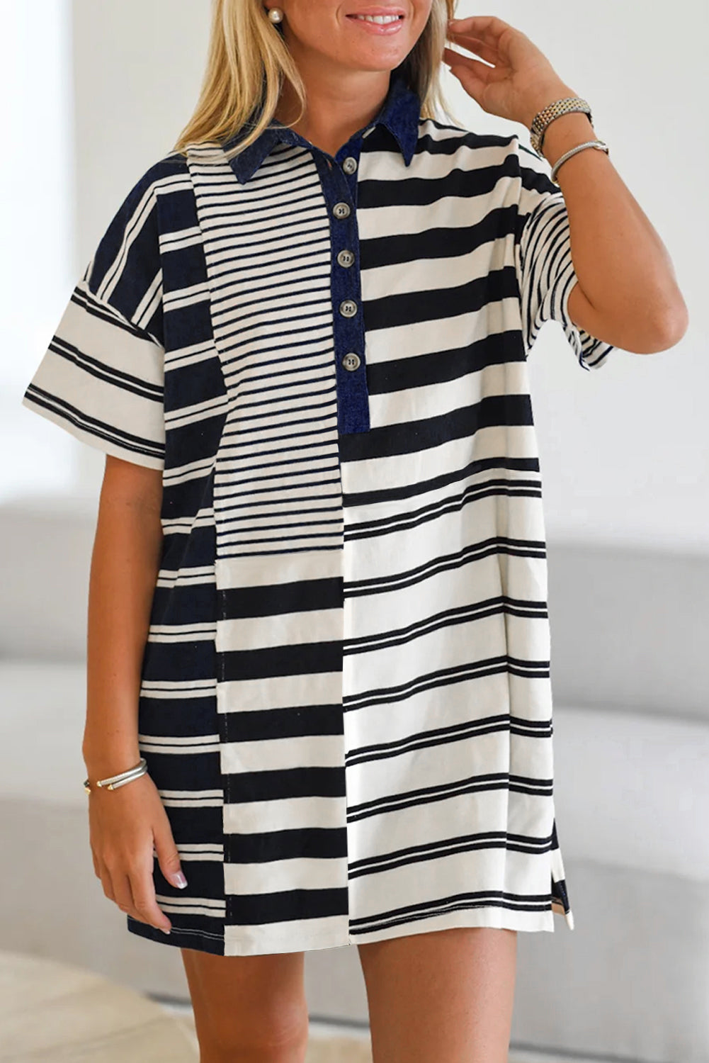 Black Stripe Half Placket Polo T Shirt Dress-TOPS / DRESSES-[Adult]-[Female]-2022 Online Blue Zone Planet