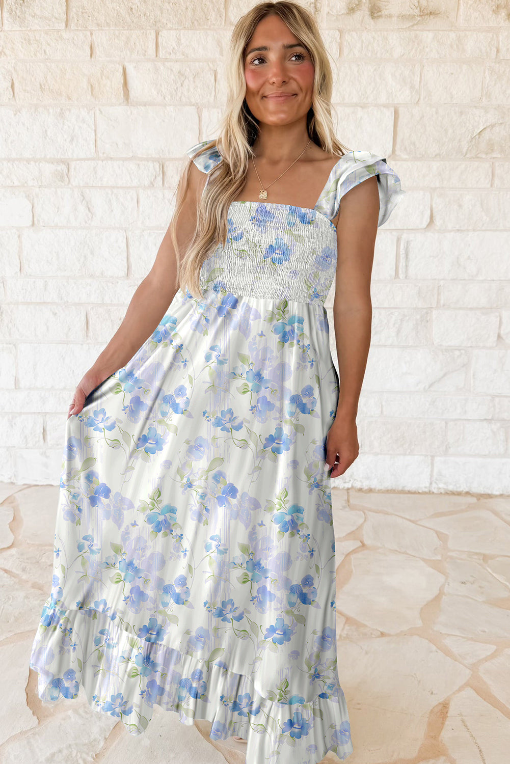 Sky Blue Floral Smocked High Waist Double Ruffle Sleeveless Long Dress-TOPS / DRESSES-[Adult]-[Female]-2022 Online Blue Zone Planet