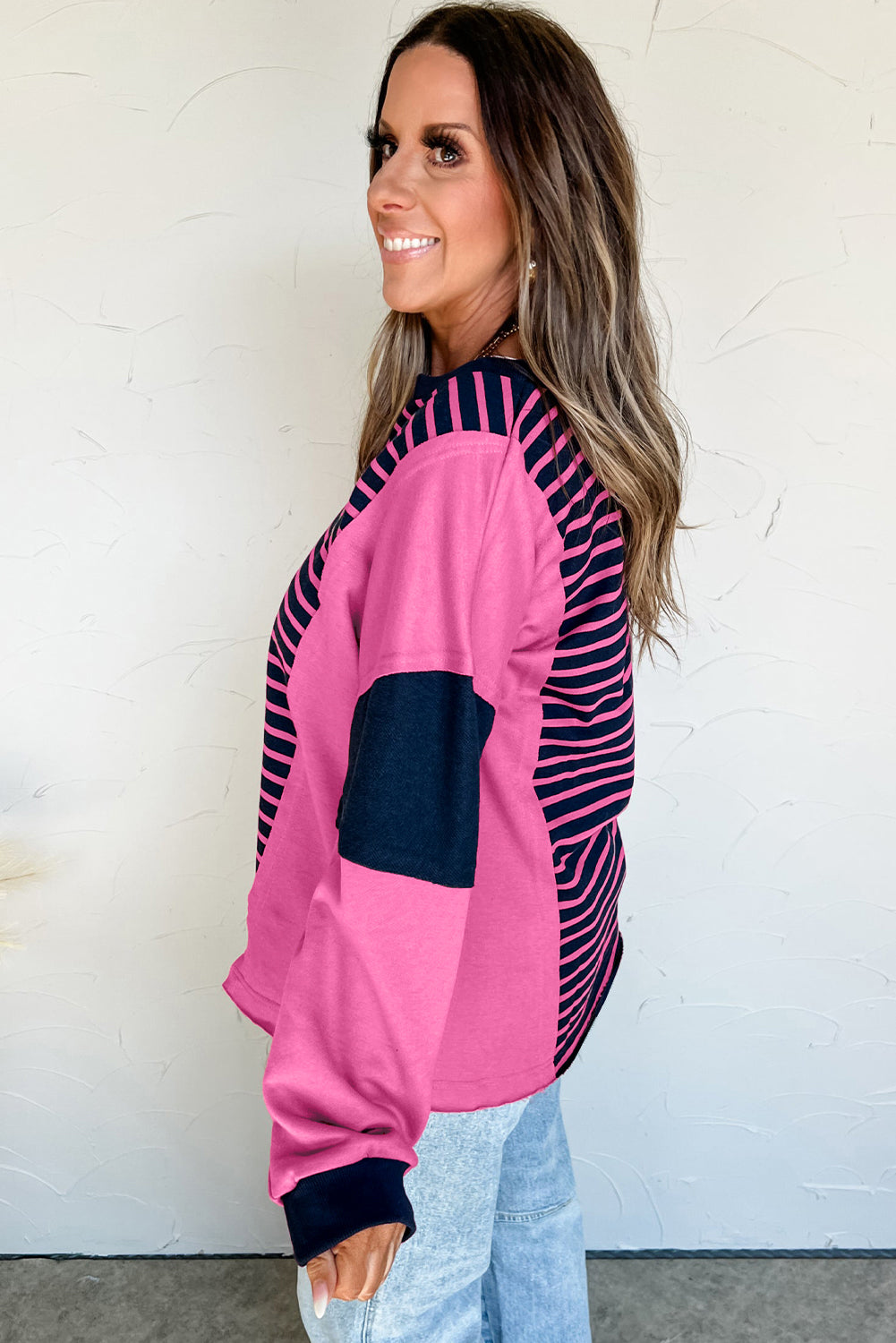 Pink Stripe Color Block V Neck Loose Fit Long Sleeve Top-Tops/Long Sleeve Tops-[Adult]-[Female]-2022 Online Blue Zone Planet