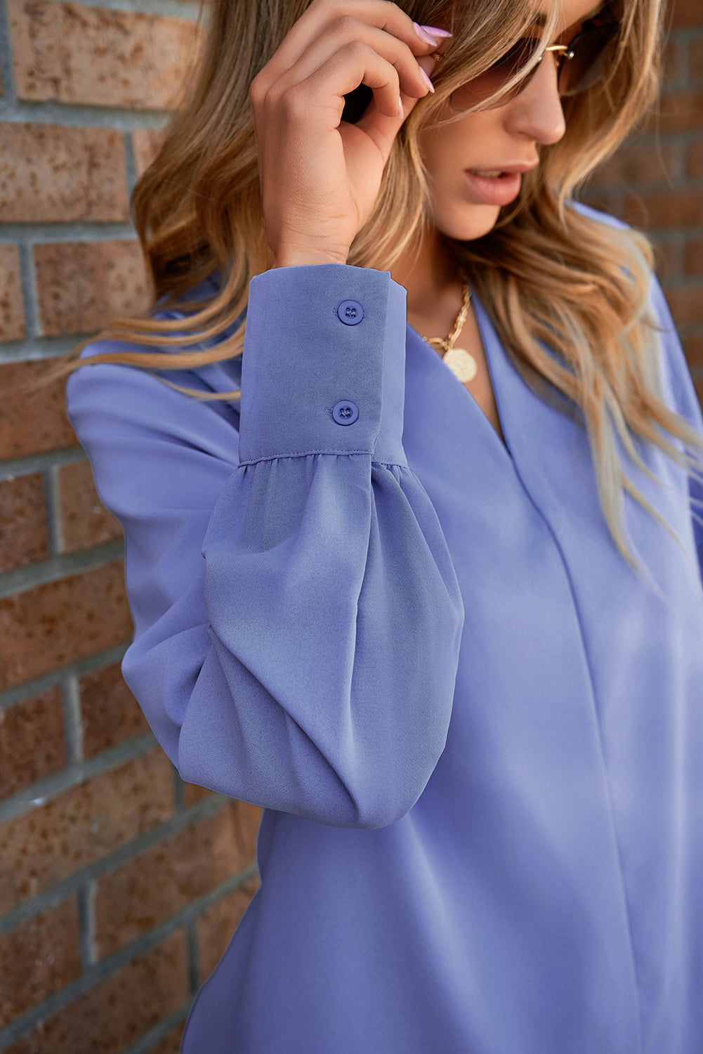 Sky Blue Solid Color V Neck Breezy Long Sleeve Blouse-Tops/Blouses & Shirts-[Adult]-[Female]-2022 Online Blue Zone Planet