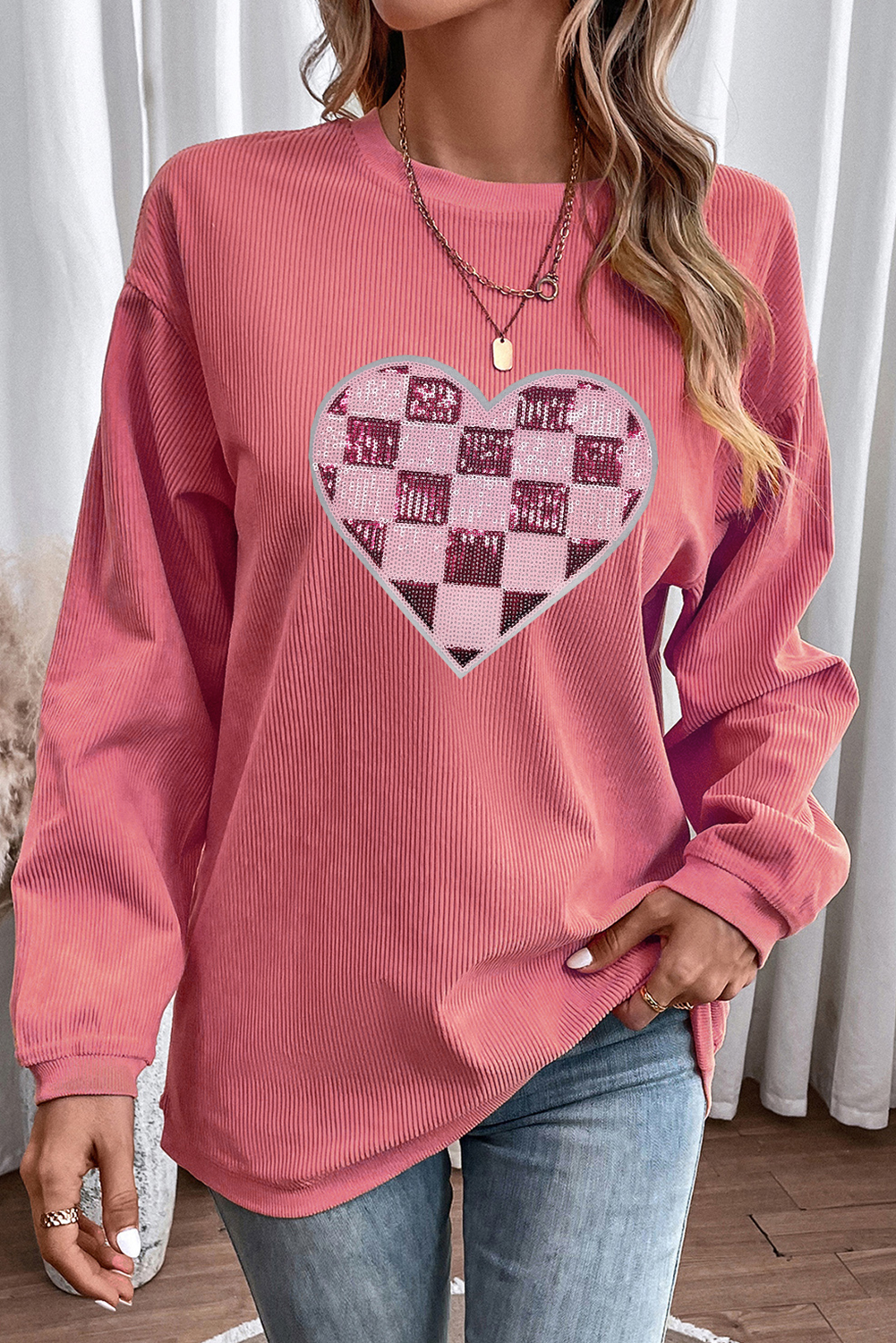 Strawberry Pink Checkered Heart Graphic Ribbed Valentines Sweatshirt-Graphic Sweatshirts-[Adult]-[Female]-2022 Online Blue Zone Planet