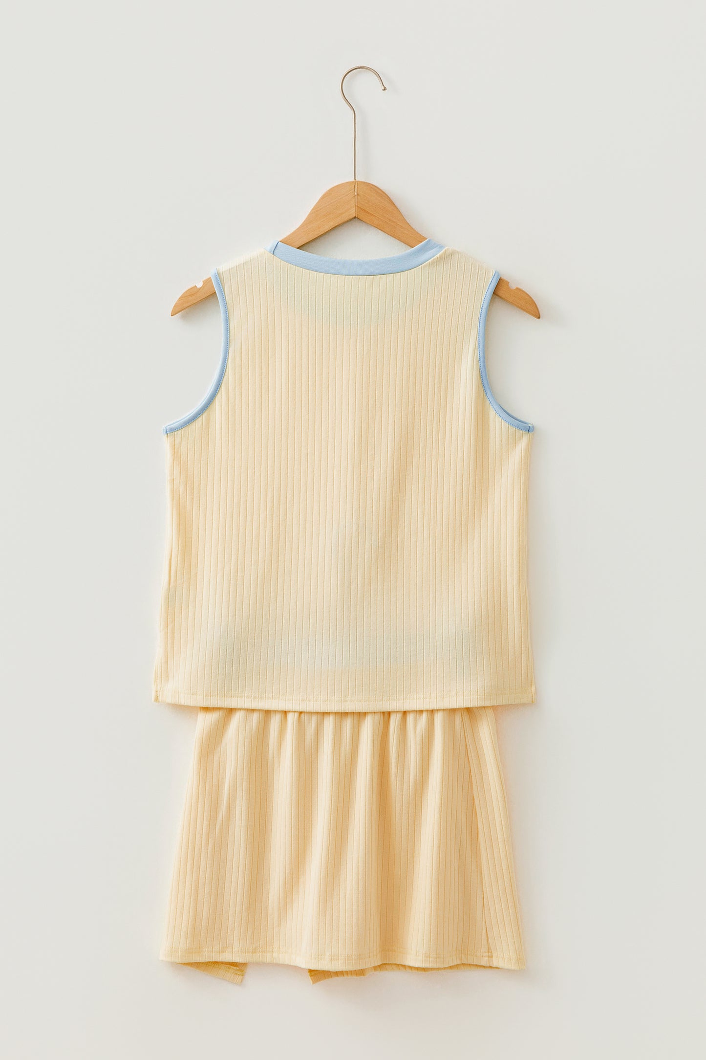 Yellow Contrast Trim Ribbed Tank Split Skort 2pcs Set-Two Piece Sets/Two Piece Dresses-[Adult]-[Female]-2022 Online Blue Zone Planet