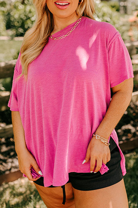 Coral Plus Size Solid Color Drop Shoulder Side Split T Shirt-Plus Size/Plus Size Tops/Plus Size Tops & Tees-[Adult]-[Female]-Coral-1X-2022 Online Blue Zone Planet