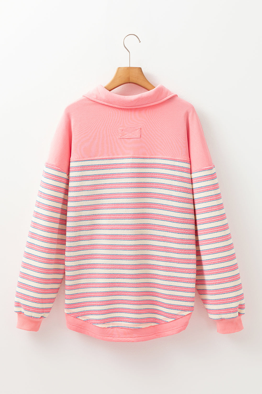 Blue Zone Planet | Pink Stripe Buttoned V Neck Collared Drop Shoulder Top-Tops/Long Sleeve Tops-[Adult]-[Female]-2022 Online Blue Zone Planet