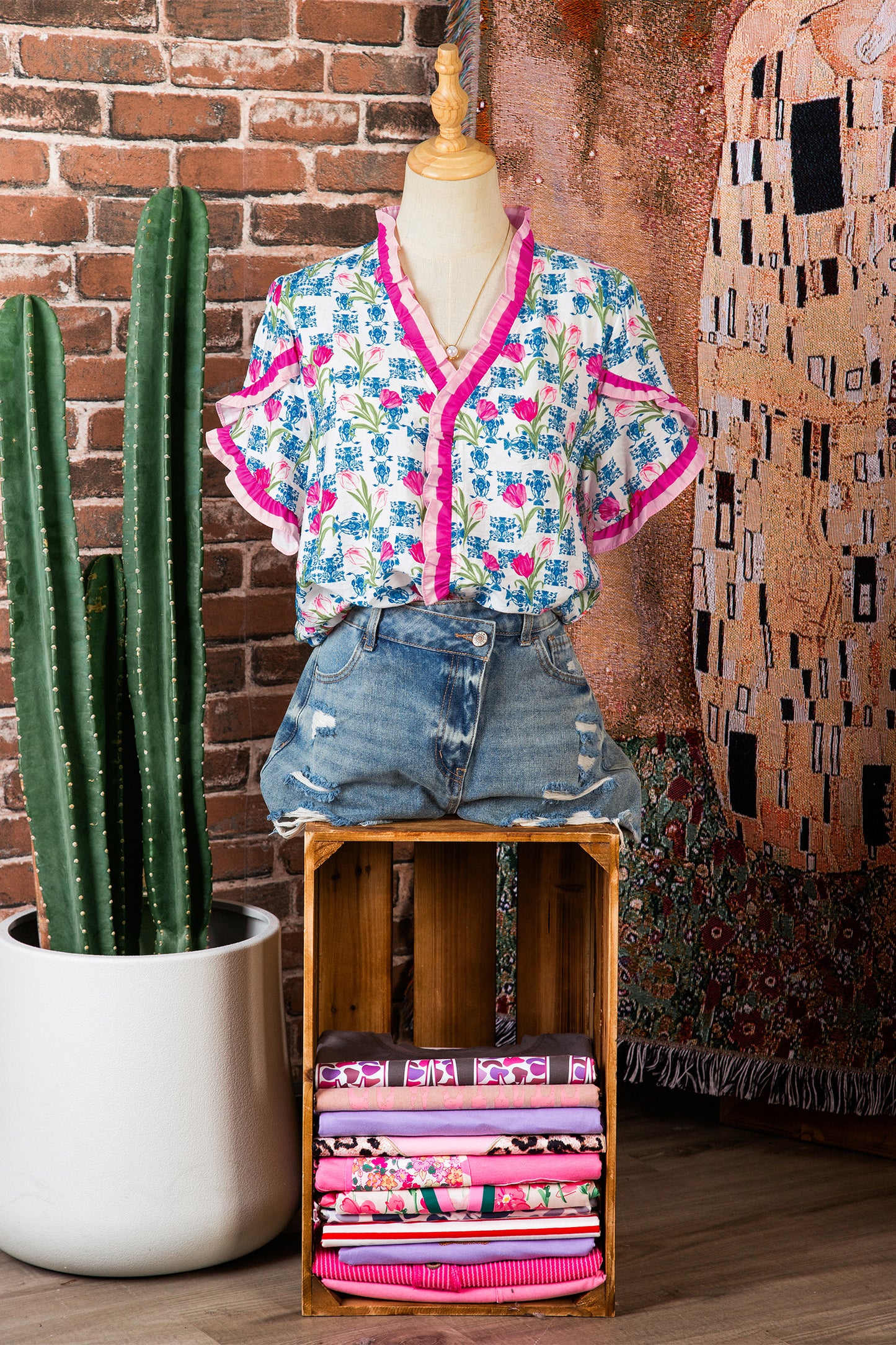 Rose Floral Print Ruffle V-Neck Short Sleeve Loose Tunic Shirt-Tops/Blouses & Shirts-[Adult]-[Female]-2022 Online Blue Zone Planet