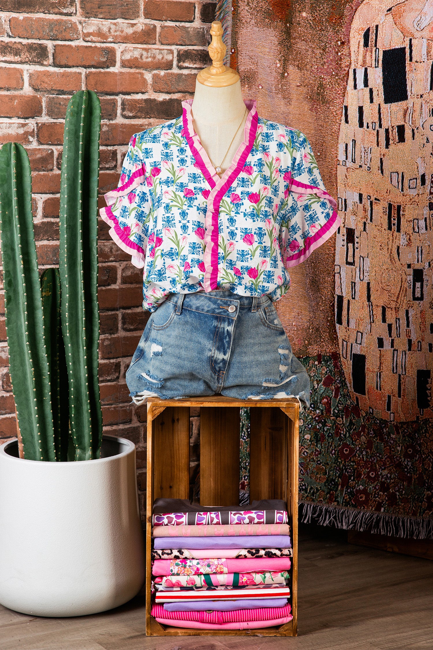 Rose Floral Print Ruffle V-Neck Short Sleeve Loose Tunic Shirt-Tops/Blouses & Shirts-[Adult]-[Female]-2022 Online Blue Zone Planet