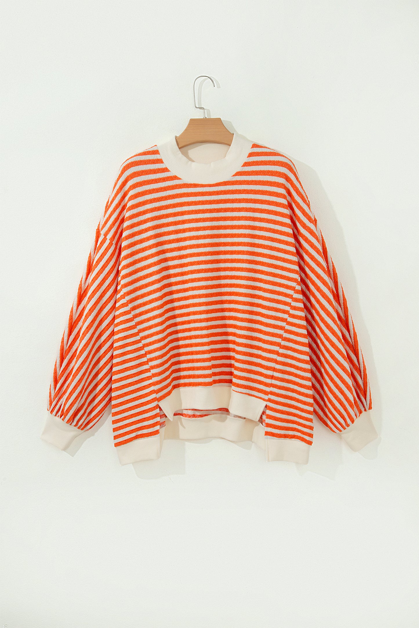 Orange Stripe Striped Textured Stand Neck Oversized Long Sleeve Top