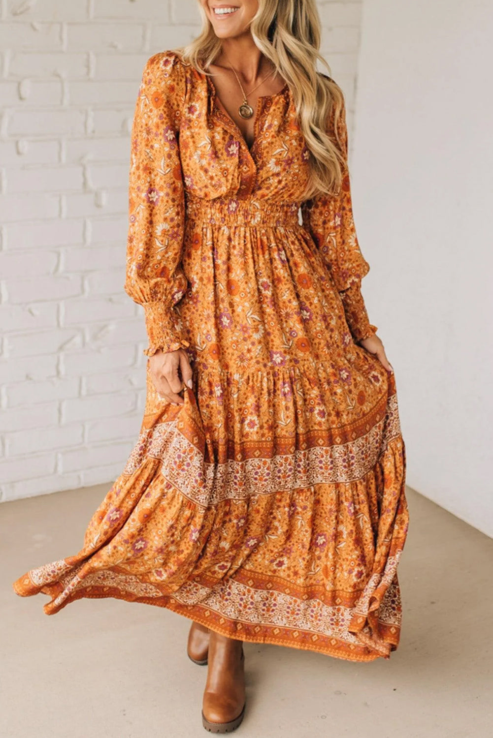 Orange Floral Print Smocked Waist Long Sleeve Boho Maxi Dress-Dresses/Floral Dresses-[Adult]-[Female]-Orange-S-2022 Online Blue Zone Planet
