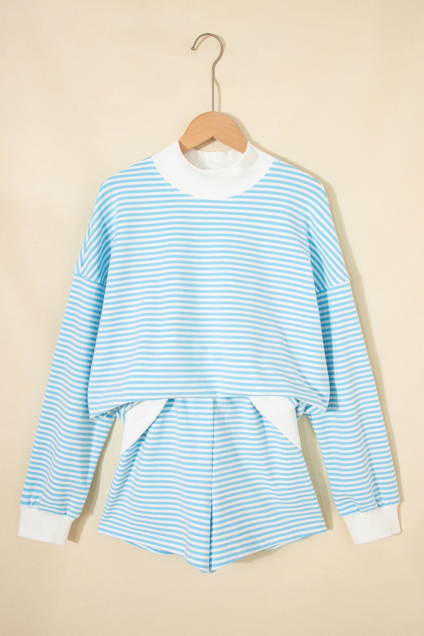 Sky Blue Stripe Oversize Mock Neck Sweatshirt and Shorts Set-Two Piece Sets/Short Sets-[Adult]-[Female]-2022 Online Blue Zone Planet