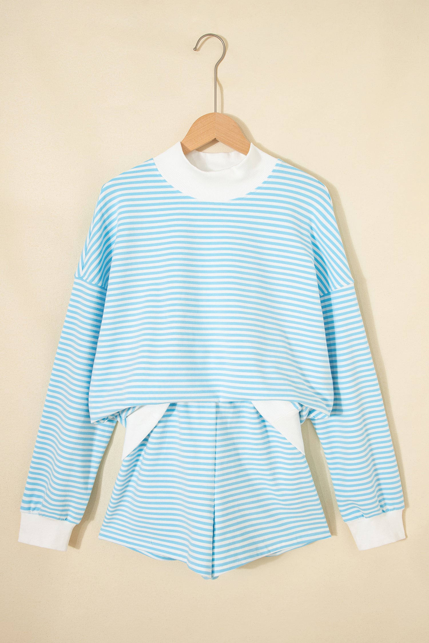 Sky Blue Stripe Oversize Mock Neck Sweatshirt and Shorts Set-Two Piece Sets/Short Sets-[Adult]-[Female]-2022 Online Blue Zone Planet