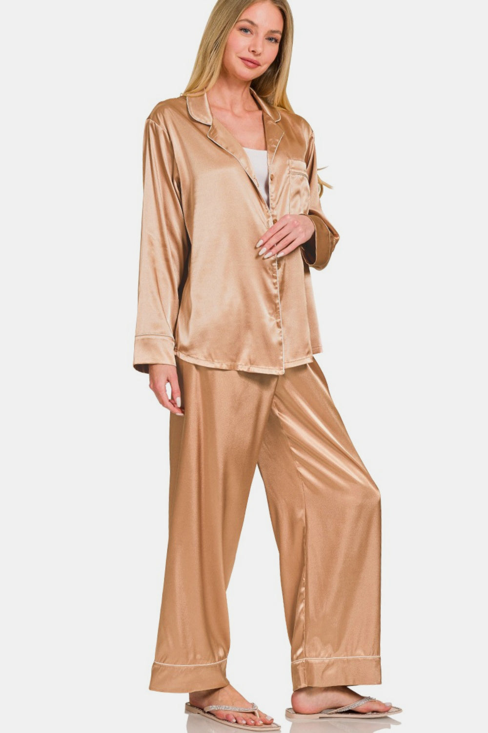 Zenana Satin Long Sleeve Shirt and Pants Pajama Set-TOPS / DRESSES-[Adult]-[Female]-2022 Online Blue Zone Planet