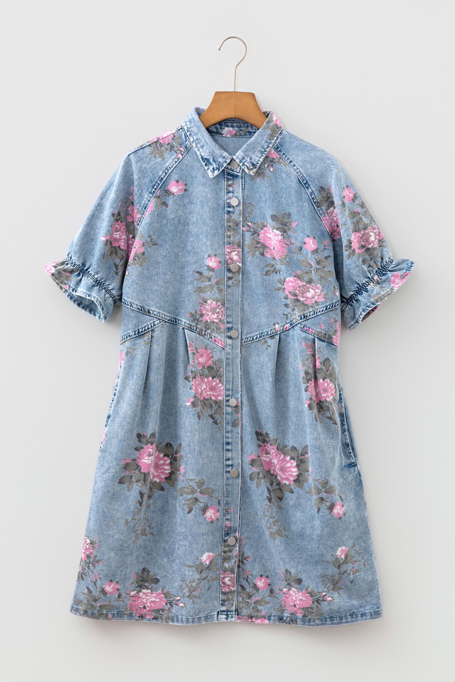 Sky Blue Floral Print Denim Short Sleeve Button Down Dress-TOPS / DRESSES-[Adult]-[Female]-2022 Online Blue Zone Planet