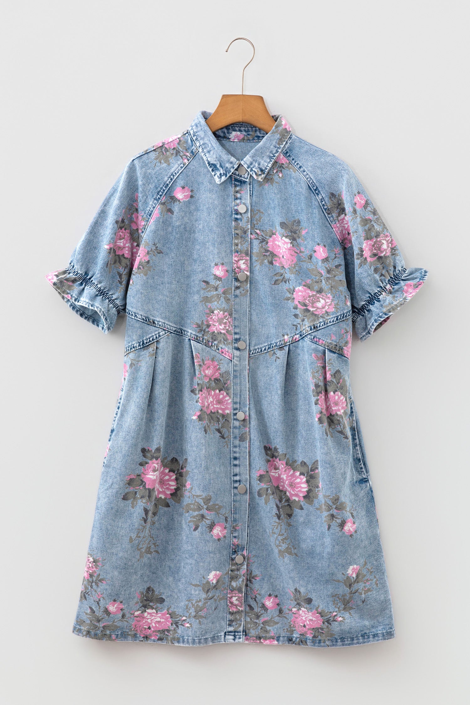 Sky Blue Floral Print Denim Short Sleeve Button Down Dress-TOPS / DRESSES-[Adult]-[Female]-2022 Online Blue Zone Planet