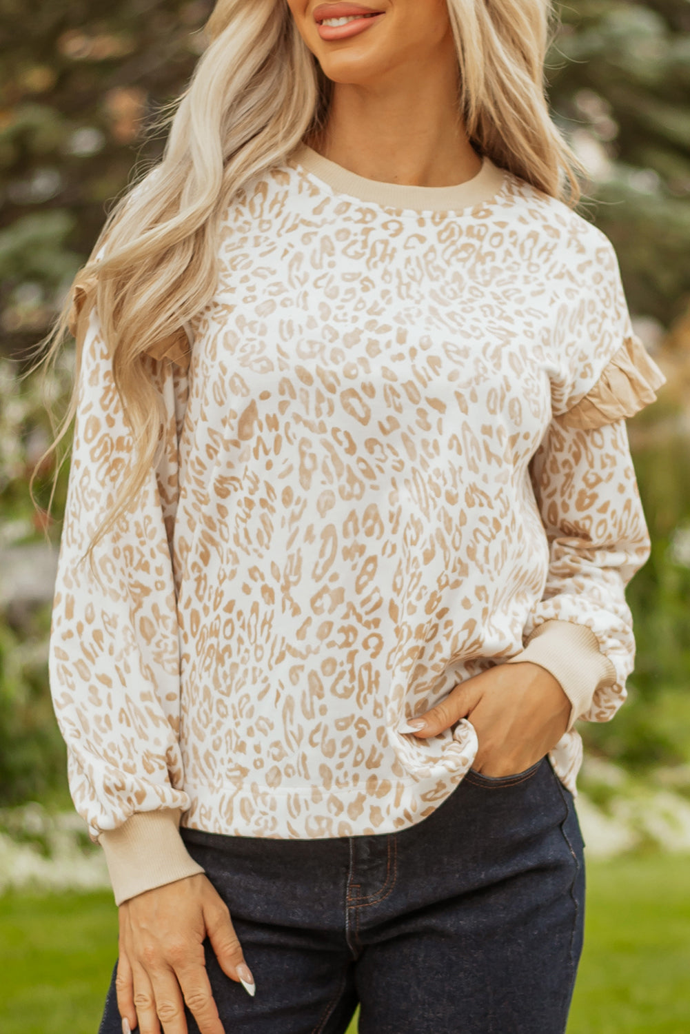 Khaki Leopard Ruffle Detail Ribbed Trim Round Neck Sweatshirt-Tops/Sweatshirts & Hoodies-[Adult]-[Female]-2022 Online Blue Zone Planet