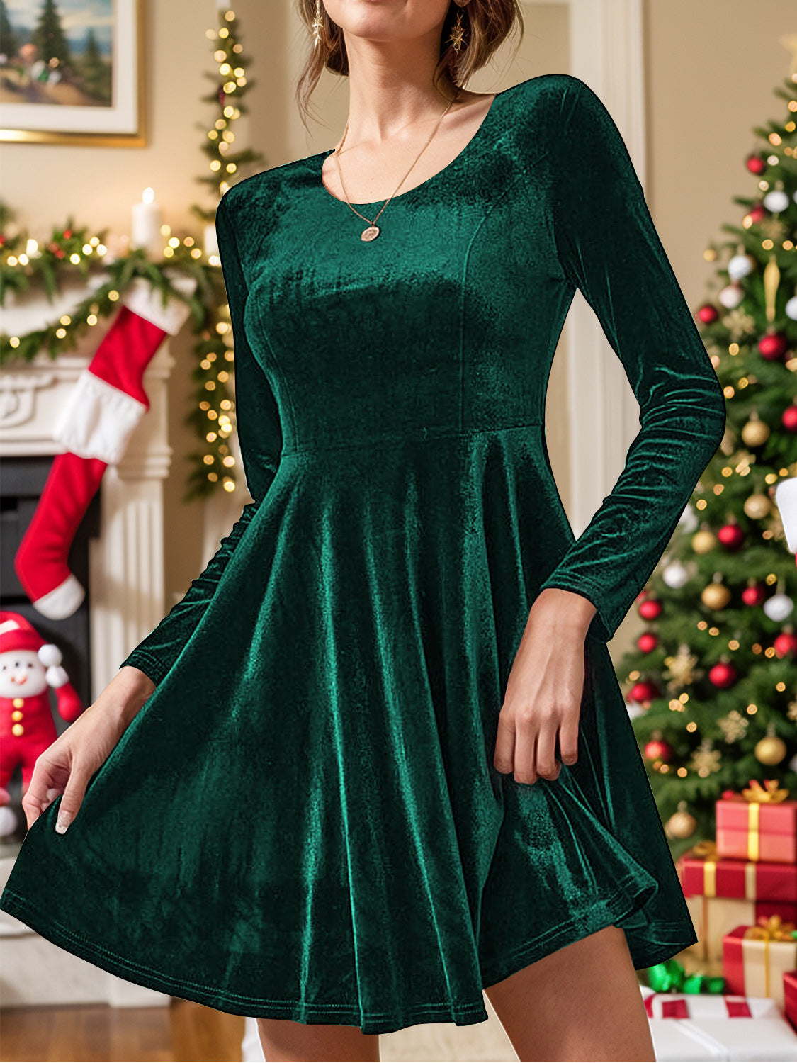 Blue Zone Planet | Round Neck Long Sleeve Knee Length Dress-TOPS / DRESSES-[Adult]-[Female]-Dark Green-S-2022 Online Blue Zone Planet