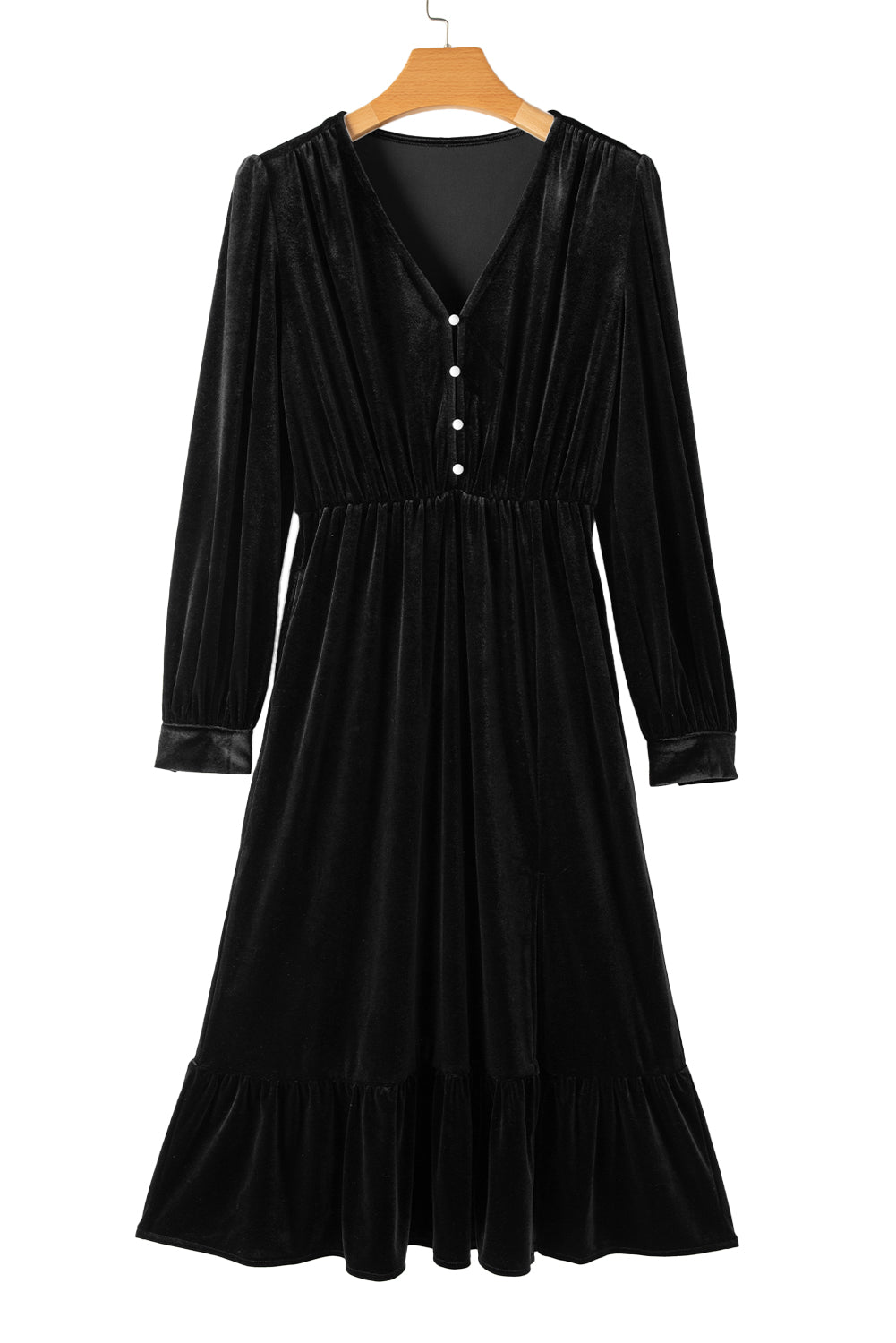 Blue Zone Planet | Black Velvet Buttoned Puff Sleeve V Neck Split Midi Dress-TOPS / DRESSES-[Adult]-[Female]-2022 Online Blue Zone Planet