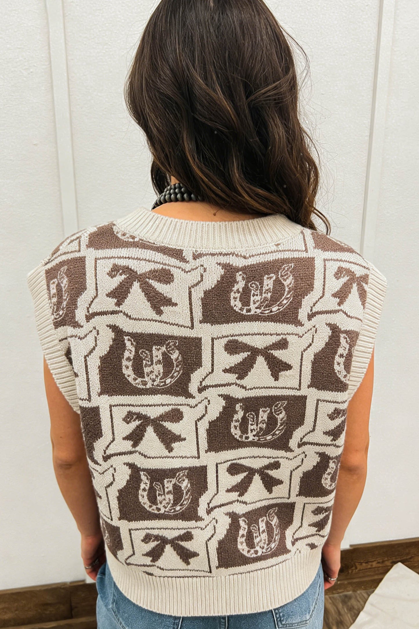 Brown Western Horseshoe Bow Printed V Neck Loose Sweater Vest-Sweaters & Cardigans/Sweater Vests-[Adult]-[Female]-2022 Online Blue Zone Planet