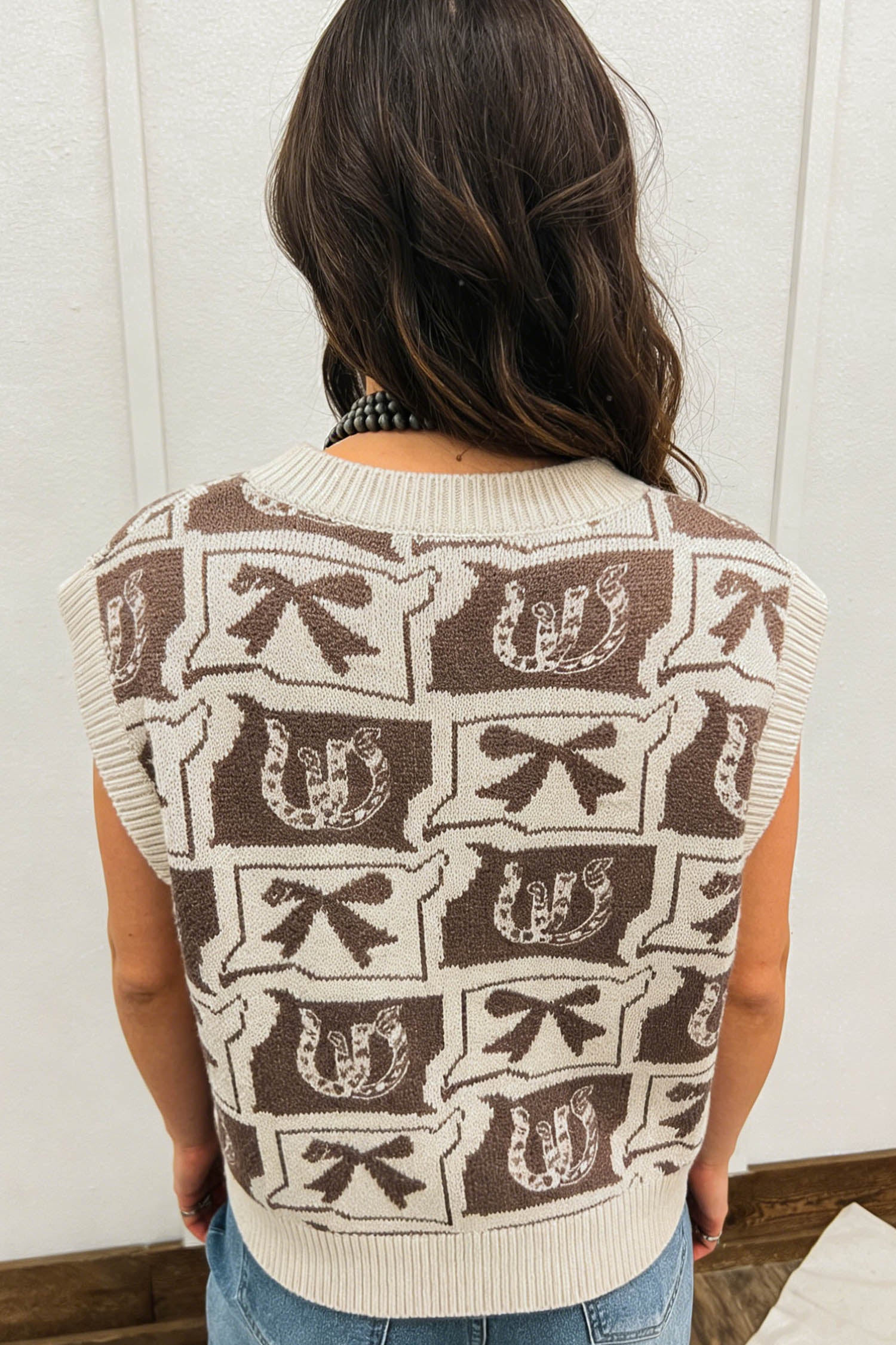 Brown Western Horseshoe Bow Printed V Neck Loose Sweater Vest-Sweaters & Cardigans/Sweater Vests-[Adult]-[Female]-2022 Online Blue Zone Planet