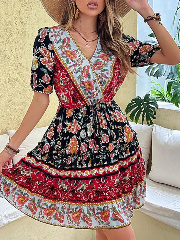 floral waist skirt printed ethnic style bohemian dress kakaclo