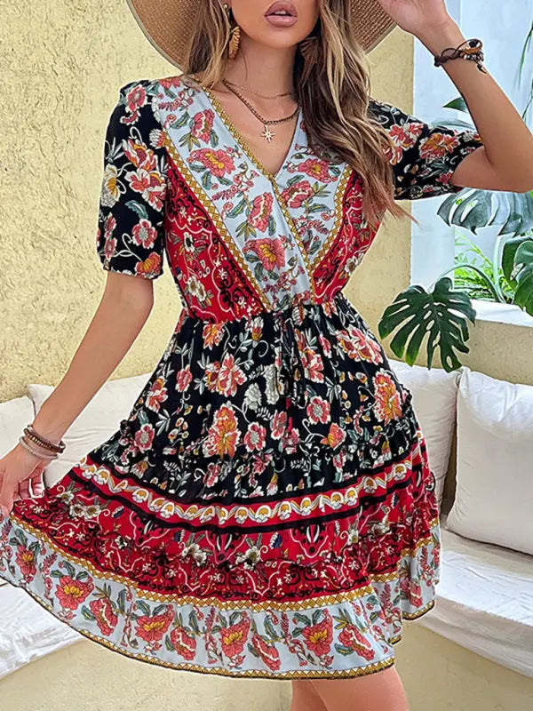 floral waist skirt printed ethnic style bohemian dress kakaclo