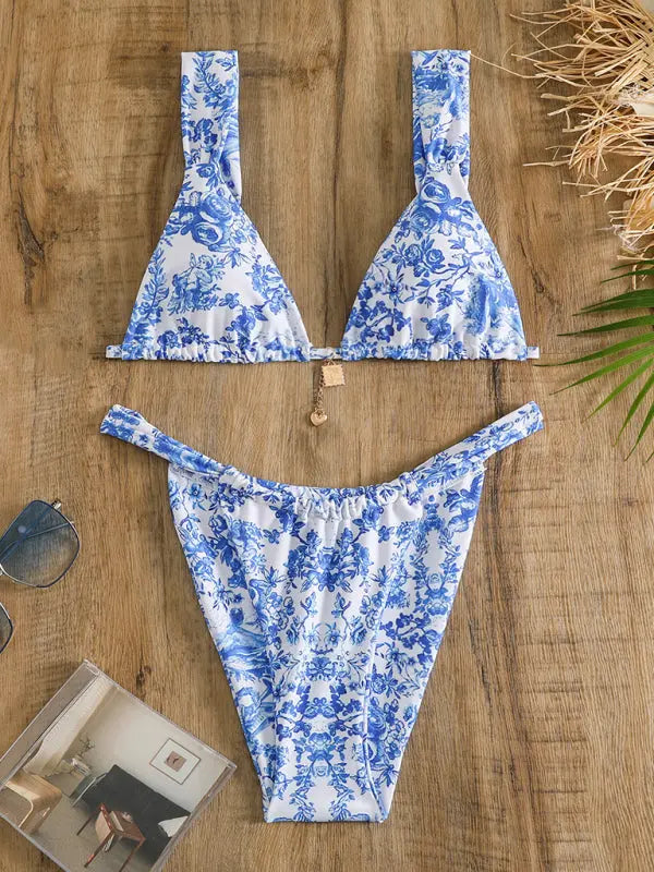 flower print spaghetti straps lace-up two-piece bikini BLUE ZONE PLANET