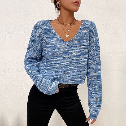 Women's Short Blue Long Sleeve V-Neck Sweater-[Adult]-[Female]-Blue-S-2022 Online Blue Zone Planet