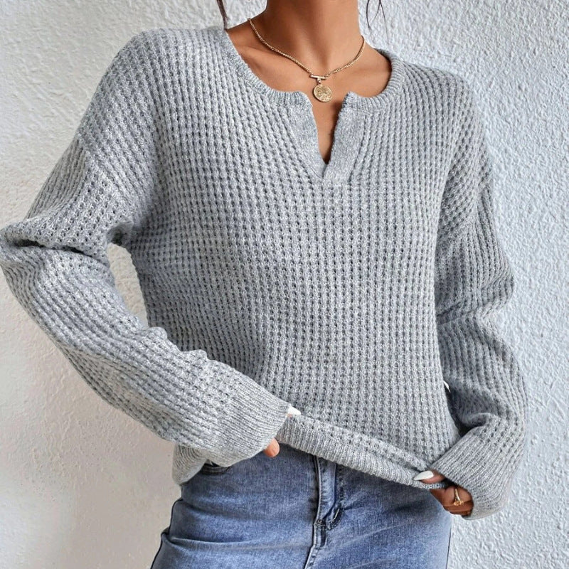 Blue Zone Planet | Women's loose V-neck pullover long-sleeved sweater-TOPS / DRESSES-[Adult]-[Female]-Grey-S-2022 Online Blue Zone Planet